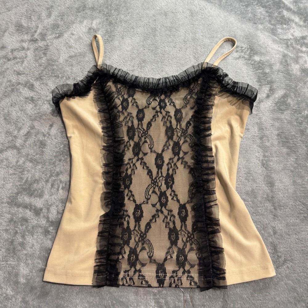 Vtg Y2K Carmin Tan Black Lace Ruffle Cami Top Mesh Trim US-002 Womens Medium